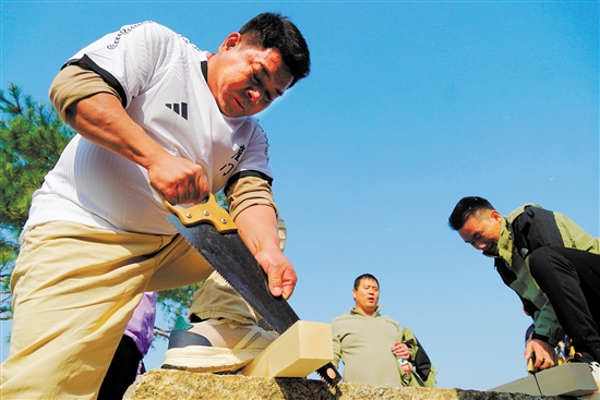 男子鋸木頭比賽需要選手有很大的力氣。