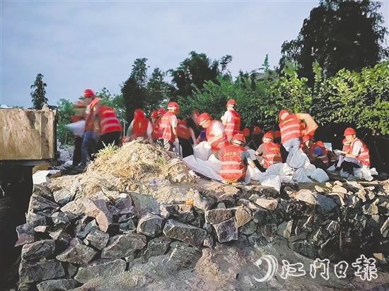 臺(tái)風(fēng)來臨前，在西江大堤重要點(diǎn)位，工作人員裝好4000個(gè)沙袋嚴(yán)陣以待。