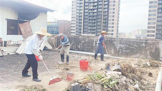 石田村“銀發(fā)行動隊”隊員在清理房頂垃圾。諶磊