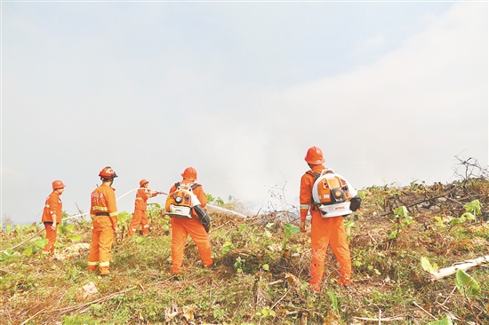 演練共設(shè)置著火點6處，模擬過火面積約4公頃（60畝），圖為救援隊伍開展森林滅火作業(yè)。