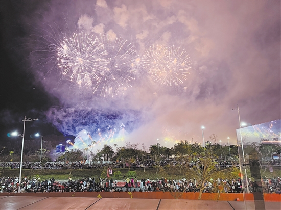 昨晚，在臺山市金星湖濕地公園，璀璨的煙花照亮了夜空。