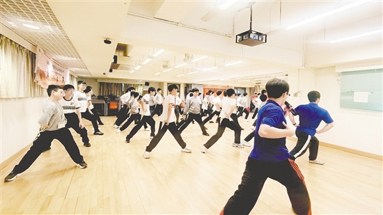 來自新會蔡李佛始祖拳會的傳承教練帶領香港中學生學習蔡李佛拳的基礎招式。