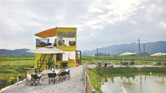 由兩個(gè)黃色集裝箱改造而成的咖啡店“塘邊小苑”靜立在田野之間。游客們圍坐在魚(yú)塘邊，喝咖啡、看風(fēng)景，不時(shí)舉起手機(jī)拍照。