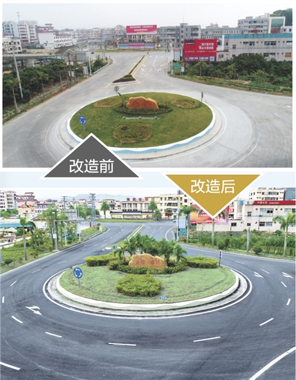 海宴鎮(zhèn)入口通道改造后，道路拓寬平整、綠化景觀升級(jí)、環(huán)島標(biāo)識(shí)醒目，通行效率與顏值雙提升。